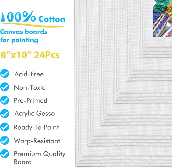 Canvas Boards for Painting, 8x10 inch Set of 24 | Gesso Primed White Canvases for Painting, 100% Cotton Art Supplies Canvas for Acrylic Paint, Pouring, Oil Paint - Image 2