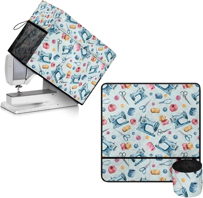 Sewing Machine Muffling Mat and Dust Cover Set | Sewing‑Machine Thread Print,Keep Clean & Safe,Protection Universal Fit Gifts Set,Fits Standard Singer, Brother and Janome by PJHEQOXE