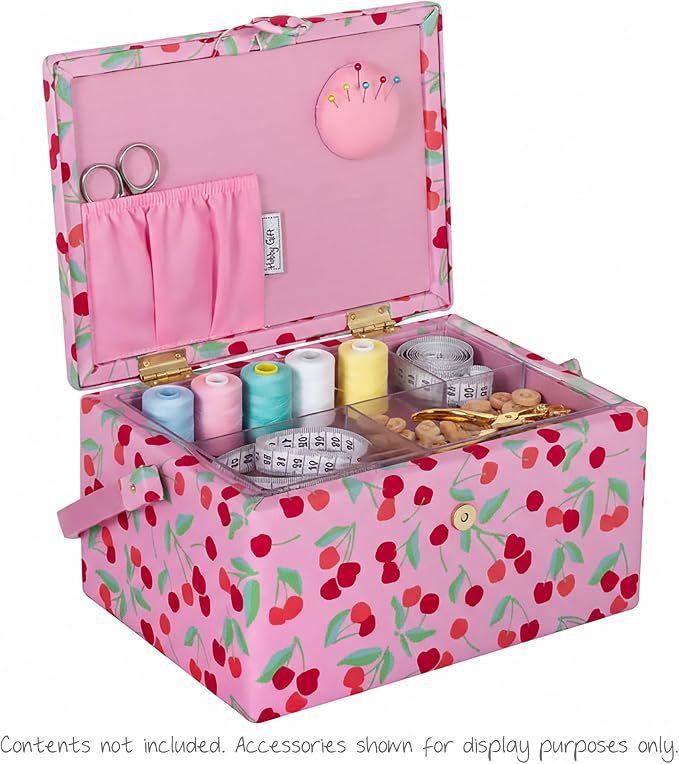 Hobby Gift Medium Sewing Box Organiser | Fabric Covered Storage Box, Handle, Internal Tray, Pin Cushion and Pocket, For Sewing, Quilting and Knitting Supplies - Image 4