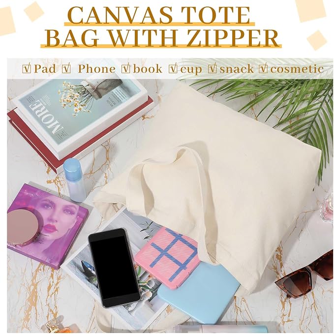 Epakh 10 Pack Canvas Tote Bag Bulk with Zipper,Reusable Beige | 16.5 x 3.9 x 13.4 Inch, Blank Canvas Cotton Bags Bulk with Zipper, Large Grocery Shopping Totes for Women Men DIY Crafting - Image 6