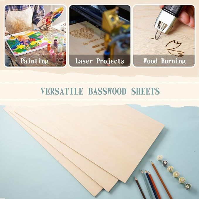 12 Pack 12 x 16 x 1/4 Inch-6mm Thick Basswood Sheets for Crafts Unfinished Plywood Boards Square Crafts Wood Sheets for DIY Laser Project, Wood Burning, Engraving, Staining, Architectural Model - Image 5