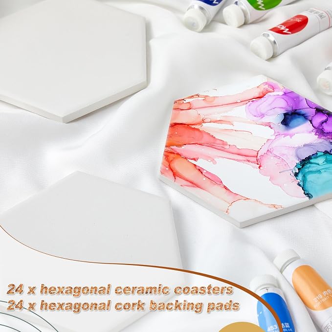 Zopeal 48 Pcs Ceramic Tiles for Crafts Coasters Include Unglazed White Ceramic Tiles with Cork Backing Pads Use with Alcohol Ink Acrylic Pouring for DIY Project Gift (Hexagon) - Image 4