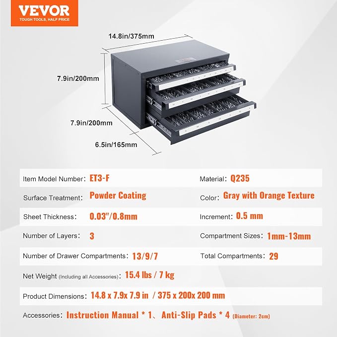 VEVOR Drill Bit Organizer - Three-Drawer Steel Cabinet for 1mm to 13mm, Labels, Stackable - Image 3