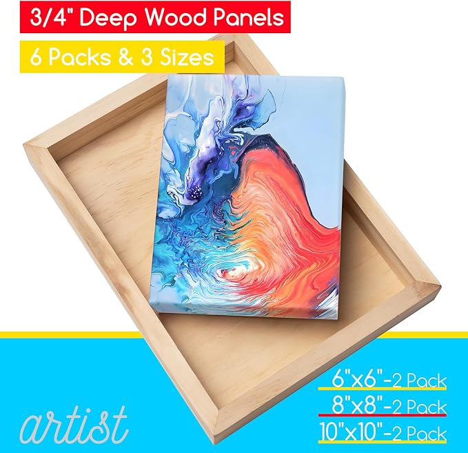 MEEDEN Unfinished Wood Canvas Kit: 3/4" Deep 6x6 8x8 10x10 Wooden Canvas Panel - 6 Pcs of Cradled Wood Art Boards for Pouring Art, Crafts, Painting - Image 3