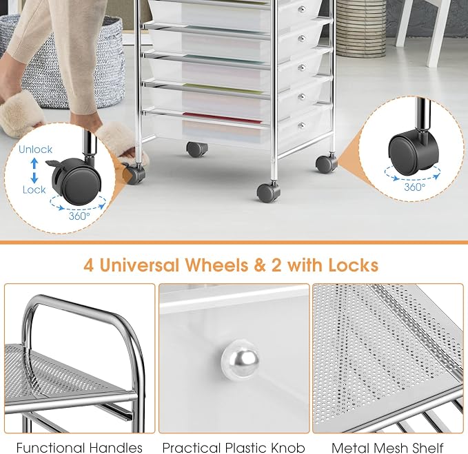 DREAMADE Rolling Cart with 10 Storage Drawers, Utility Cart with Removable Plastic Drawers, Lockable Wheels, Art Cart for Classroom Organization Art Supplies Office Scrapbook Tool Craft (Transparent) - Image 8