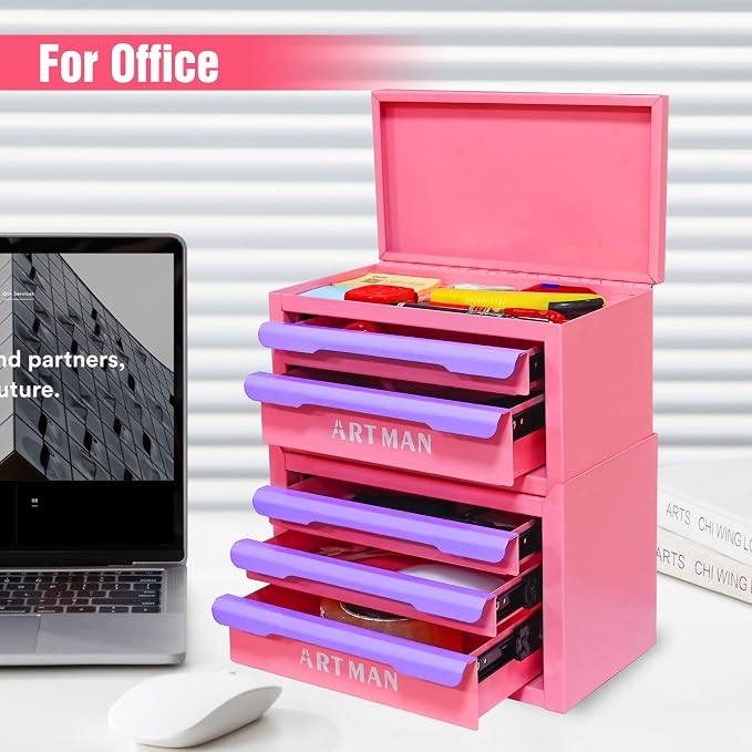 Mini Metal Tool Box, 2+3 Layer Portable Steel Small Tool Chest Cabinet, Stackable Desktop Organizer, Makeup & Stationery Storage Drawers with Handles for Home Office Workshop(Pink & Purple) - Image 8