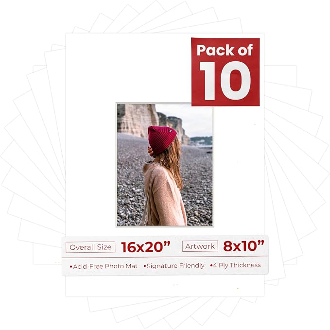 8x10 Mat for 16x20 Frame - Precut Mat Board Acid-Free Textured White 8x10 Photo Matte For a 16x20 Picture Frame, Premium Matboard for Family Photos, Show Kits, Art, Picture Framing, Pack of 10 Mats by PosterPalooza