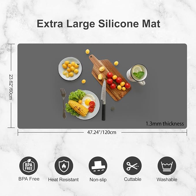 Silicone Mats for Kitchen Counter, Treerit 47.24"x 23.62" Extra Large Silicone Mat, Non-slip Heat Resistant Kitchen Counter Mat, Quartz Countertop Protector, Shipped Rolled Up, No Creases, Gray - Image 2