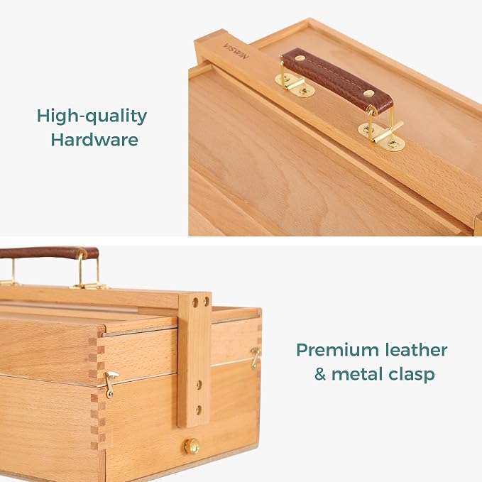 Multi-Function Artist Storage Box, Portable Solid Beech Wooden Tool Box with Drawer, Three Layers Art Supplies Storage Box for Paint Brush, Pen, Pastel, Paining Supplies, 13 1/2" x9 1/2"x5" - Image 4