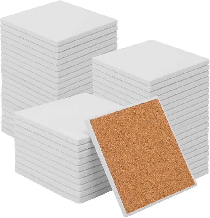 52 PCS Square Blank Ceramic Coasters - 4 x 4 Inch Unglazed Ceramic Coasters with Cork Backing Pads, Artistic Tile Coasters for DIY, Mosaics, & Crafts by Geytetqi