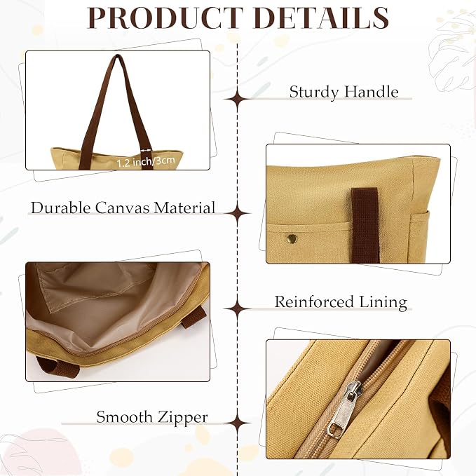Sadnyy Khaki 10 Pcs Canvas Tote Bags for Women Reusable Shoulder Tote Bags with Zipper Shopping Grocery Handbag for Work Travel - Image 5