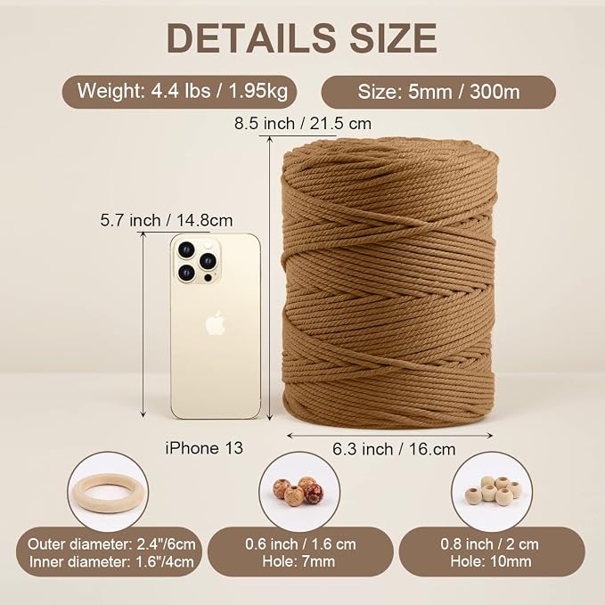ZUEXT Macrame Cord, Caramel, 5mm x 328yds Cotton String Macrame Yarn | Natural Handmade, 4 Strands Twisted Cotton Rope, for Craft Wall Hanging Weaving Tapestry Dream Catchers Hanger DIY Gift, 300m - Image 2
