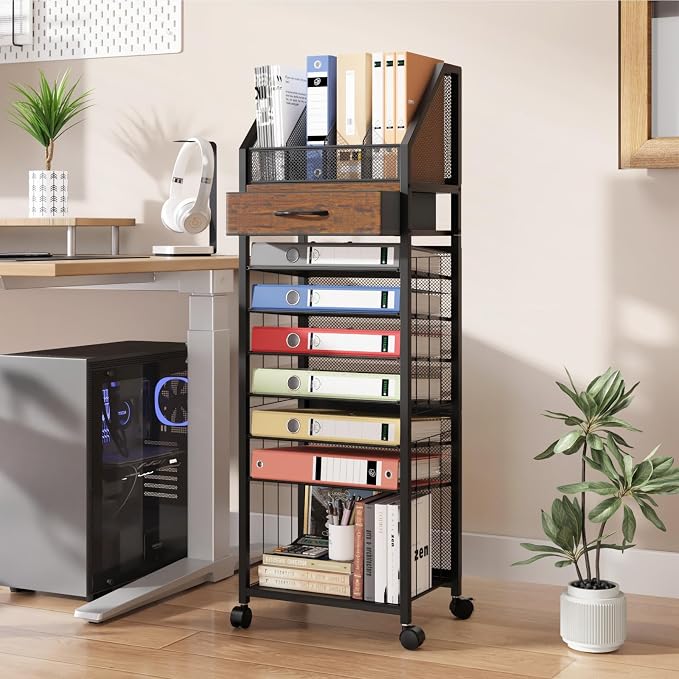 SWTYMIKI 9-Tier Rolling File Cart - Paper Organizer with Drawer and Trays, Wood Desk Office Organizer, Office Organization and Binder Storage for Workspace, Home, School, Espresso - Image 2