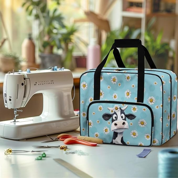 Sewing Machine Dust Case Large Capacity Appliance Storage Case Universal Portable Travel Tote Bag Versatile Sewing Machine Organizer Bag, Cow Daisy Blue - Image 4