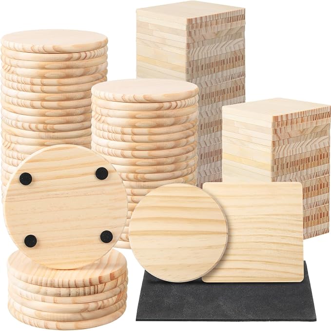 Hushee 72 Pcs Unfinished Wood Coasters 4 Inch Blank Wooden Coasters for Crafts with Non Slip Foam Pad Stickers Wooden Craft Tabletop Protection for Christmas DIY Painting Engraving Home Decoration by Hushee
