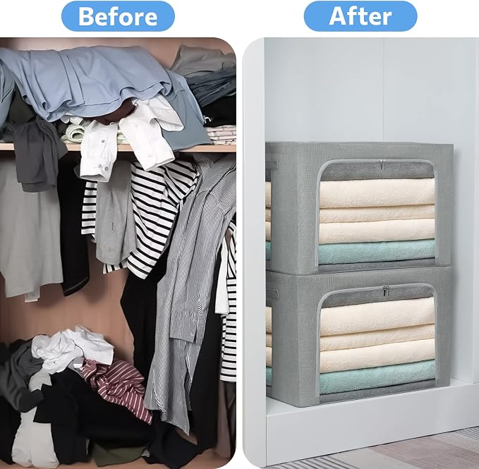 CYhom 3Pack Foldable Storage Bins - Frame Storage Box Linen Fabric Stackable Clothes Container Organizer with Clear Window & Carry Handles Large Capacity (Extra Large-100L, Light Grey) - Image 8