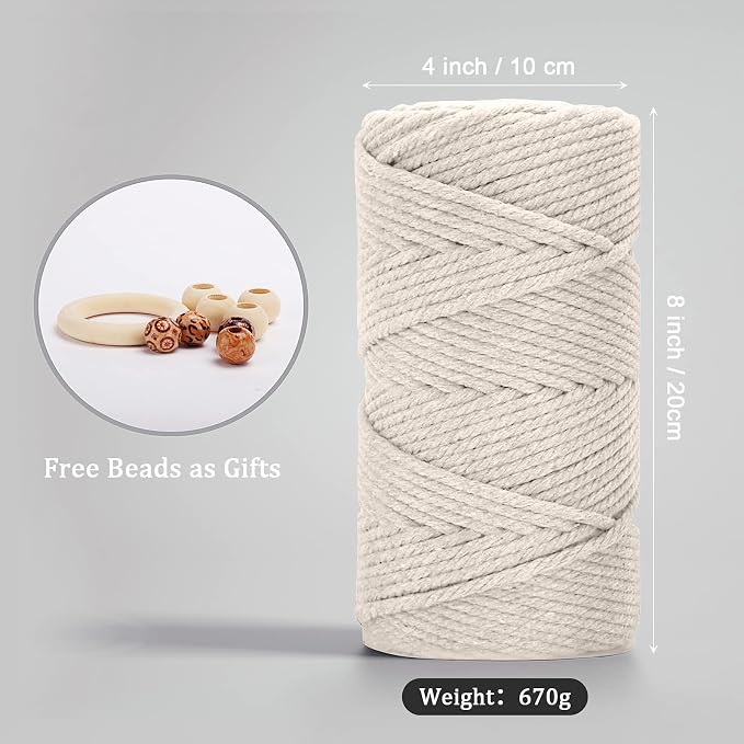 ZUEXT Macrame Cord, Beige White, 5mm x 109yds Cotton String Macrame Yarn | 100% Natural Handmade, 4 Strands Twisted Cotton Rope, For Wall Hanging Plant Hangers Gift Wrapping Tapestry DIY Crafts, 100m - Image 2