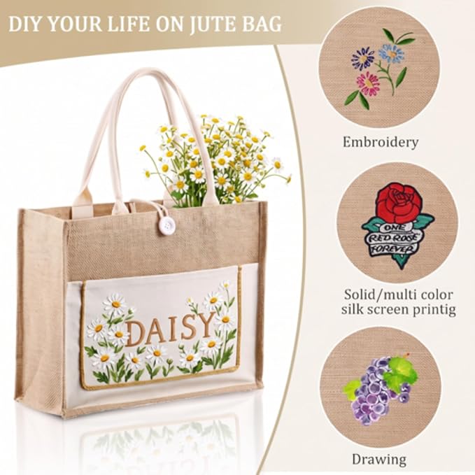 Reginary 8 Pack Burlap Jute Tote Bags 16.5x12.6x5.5 in Reusable Bags | Shopping Tote Bags with Handles for Wedding Gifts DIY Crafts Teacher Bags Grocery Beach Travel - Image 5