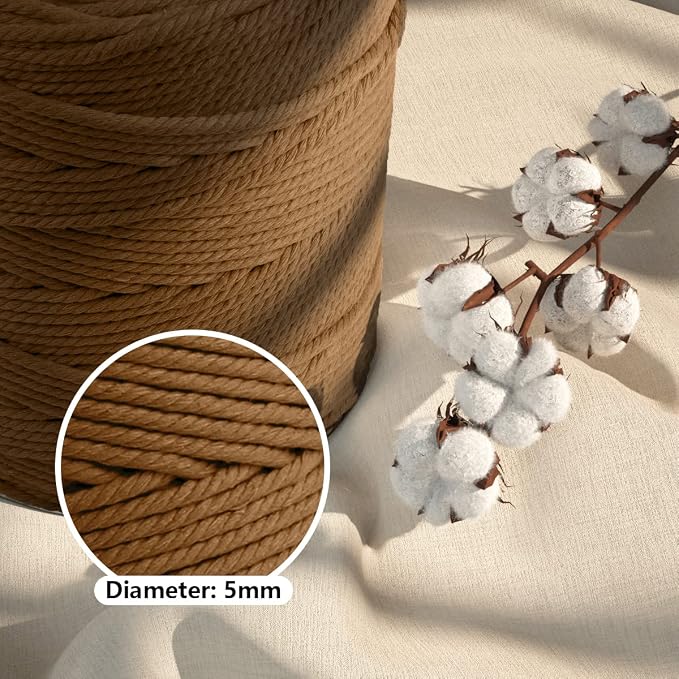 ZUEXT Macrame Cord, Caramel, 5mm x 328yds Cotton String Macrame Yarn | Natural Handmade, 4 Strands Twisted Cotton Rope, for Craft Wall Hanging Weaving Tapestry Dream Catchers Hanger DIY Gift, 300m - Image 3
