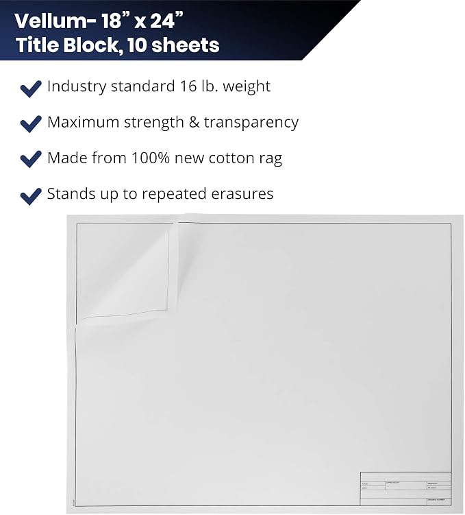 Pacific Arc Drafting Vellum Sheets, 10-Sheets 18 x 24 inches Paper Rag Vellum with Border and Title Block - Image 2