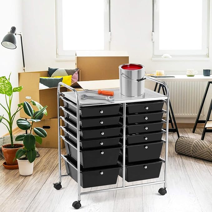 DREAMADE Rolling Cart with Storage Drawers, Utility Cart with Removable Plastic Drawers, Lockable Wheels, Art Cart for Classroom Organization Art Supplies Office Scrapbook (12 Drawers, Black) - Image 9