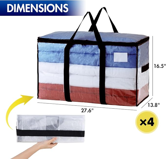 TAILI 4 Pack Clear Extra Large Moving Bags,Storage Bag with Visible Window | 93L Heavy Duty Totes For Storage,Wrap Around Handles,Alternative to Moving Boxes, College Dorm,Perfect for Moving - Image 3