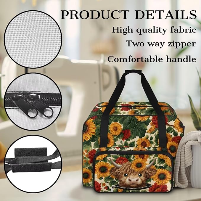 Highland Cow Carrying Travel Storage Sunflower Sewing Machine Bag Case with 4 Bottom Rubber Pads Portable Carrying Totes Easy to Clean Sewing Machine Storage Bag - Image 6