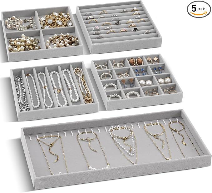 Cinnvoice Set of 5 Stackable Jewelry Organizer Trays for Drawer 14 Inch Velvet Jewelry Drawer Insert Display Storage with Removable Divider for Necklace Earring Ring Watch Bracelet (Gray) by Cinnvoice