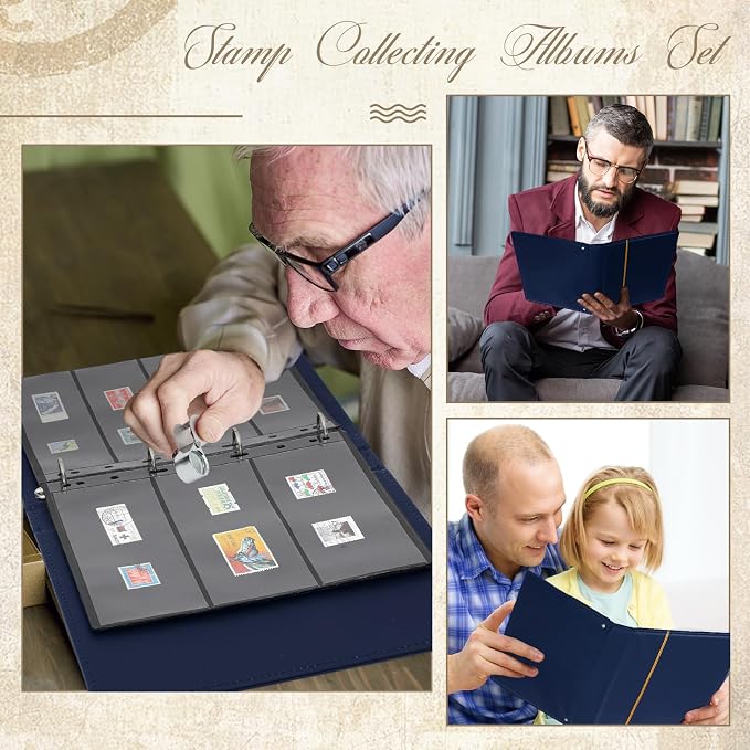 Stamp Collecting Album Binder Kit for Collectors, 1/2/3/4 Rows Banknotes Storage Book with 20 Stamp Pages, 4 Ring Binder, Tweezers and Magnifier, for Paper Money Bill Postage, Beginner Hobbyists Gift - Image 6