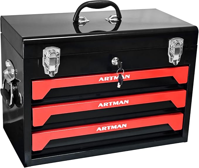 20" 3-Drawer Heavy Duty Portable Steel Tool Box, Lockable Tool Chest Organizer with Top Tray, Ball Bearing Slides, Drawer Liners, Carry Handle & Key Lock for Garage, Warehouse, Workshop - Image 8