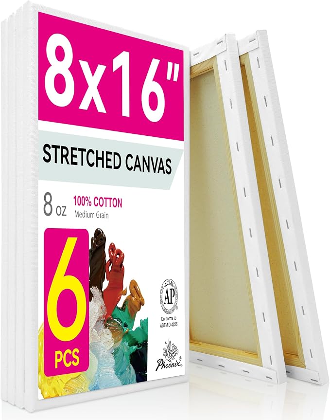 PHOENIX Long Stretched Canvas for Painting 8x16 Inch/6 Value Pack, 8 Oz Triple Primed 5/8 Inch Profile 100% Cotton White Blank Canvas, Rectangular Framed Canvas for Oil Acrylic & Pouring Art by PHOENIX