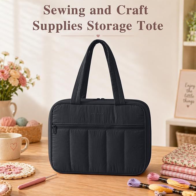 AMOIGEE Sewing Supplies Organizer Bag, Large Craft Storage Tote with 17 Clear Pockets&Tool Holders, Portable Crochet Knitting Embroidery Organizer Case for Threads, Hooks, Needles & Sewing Accessories - Image 9