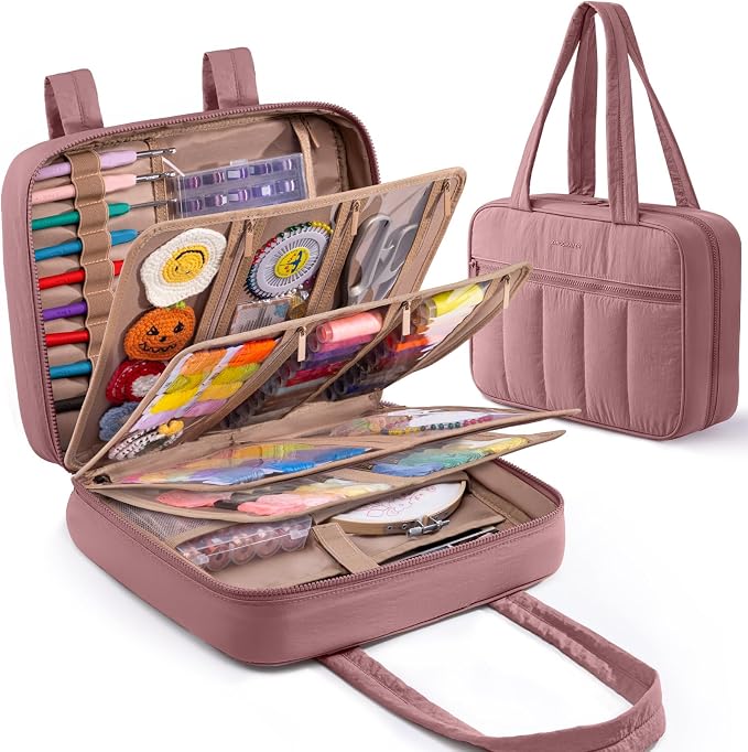 AMOIGEE Sewing Supplies Organizer Bag, Large Craft Storage Tote with 17 Clear Pockets&Tool Holders, Portable Crochet Knitting Embroidery Organizer Case for Threads, Hooks, Needles & Sewing Accessories by AMOIGEE