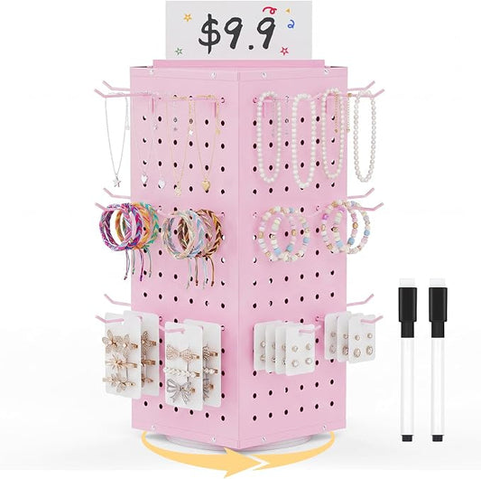 Rotating Pegboard Display Stand with 24 Hooks, Tabletop Metal Peg Board Shelf for Retail, Vendors, Selling & Shows, 4-Sided Craft Rack Organizer for Accessories, Jewelry (Pink) by First-zgel