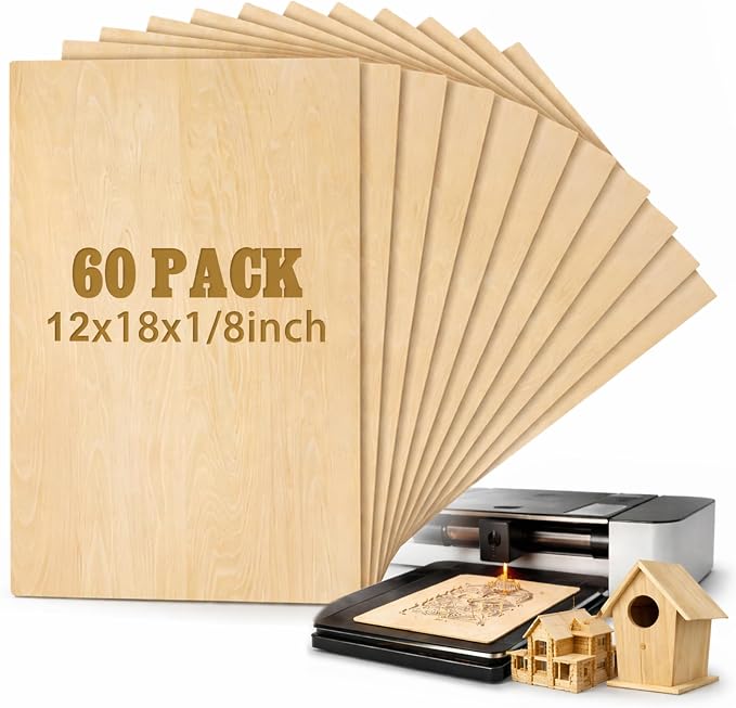 60 Pcs 12" X 18"X 1/8" Basswood Plywood Sheets for Laser Cutting | 3mm Plywood Wood Thin Sheets for DIY Arts Crafts Woodworking Scroll Sawing Projects Painting Drawing by Juexica
