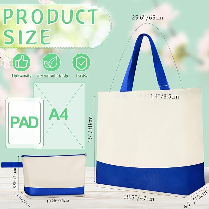 Sanwuta 16 Pcs Canvas Tote Bags Bulk with Zipper Cosmetic Pouch,Blue | 18.5" Reusable Cotton Shopping Bag with Handle for DIY Craft - Image 3