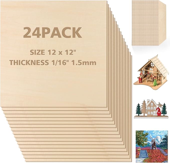 Adrattnay 24Pcs Basswood Sheets 1/16 x 12 x 12 inch - 1.5mm Basswood Sheets | Square Plywood Sheets Unfinished Wood Board for DIY Crafts, Laser Cutting, Wood Burning, Painting, Model Carving by WOODEXPERT