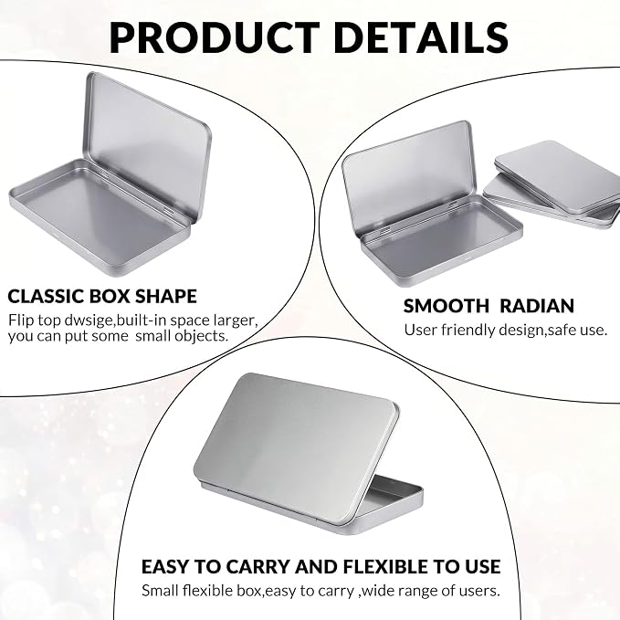 Geiserailie 10 Pack Metal Tin Boxes with Hinged Lids, Rectangular,Sliver | Empty Storage for Watercolor Paint, Jewelry, Pencil Case, Candy, 7.0x4.2x0.6 Inch Rectangular Craft Organizer Tin - Image 3