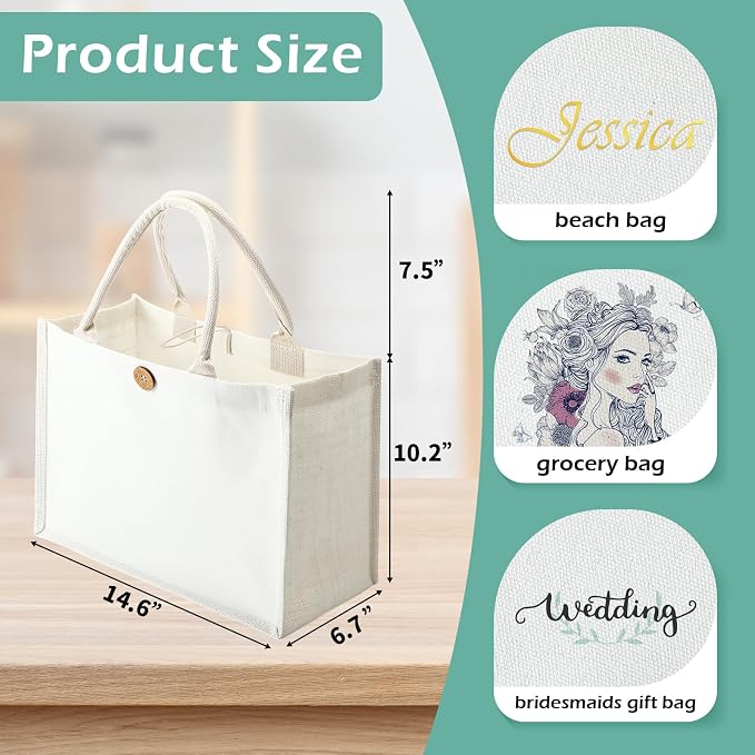 Reginary 12 Pcs Jute Burlap Tote Bags with Handles Reusable | Beach Wedding Gifts, Blank DIY Canvas Bags, 14.57x10.24x6.69 in, Burlap Handles, Waterproof Reusable for Shopping - Image 3