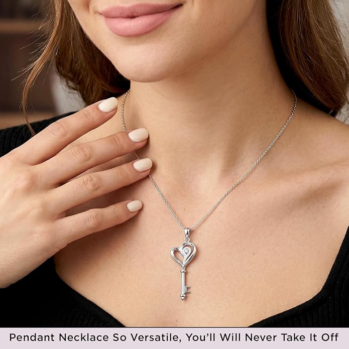 Jewelili Sterling Silver Diamond Heart Key Pendant Necklace for Women | Round Cut White Diamonds, 18" Cable Chain, Lobster claw clasp, Timeless Fashion Jewelry ,Fine jewelry with gift box - Image 2
