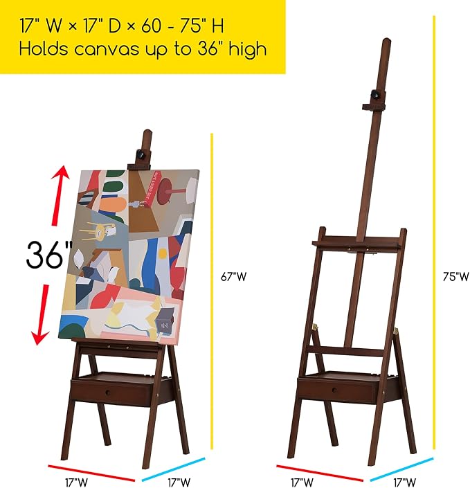 MEEDEN Studio H-Frame Easel with Art Supply Storage Drawer - Adjustable (60"~75") Solid Beech Wood Easel Stand for Artists, Students and Adults, Holds Canvas Art up to 36" - Walnut - Image 2