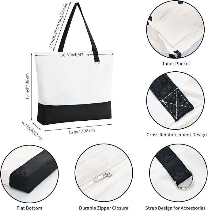 24-Pack Canvas Tote Bags with Zipper, Large Reusable Grocery Tote Bluk | Blank bags, washable, inner pocket, flat bottom, sturdy handle, for sublimation DIY/transfer, travel/beach/Christmas crafts - Image 3