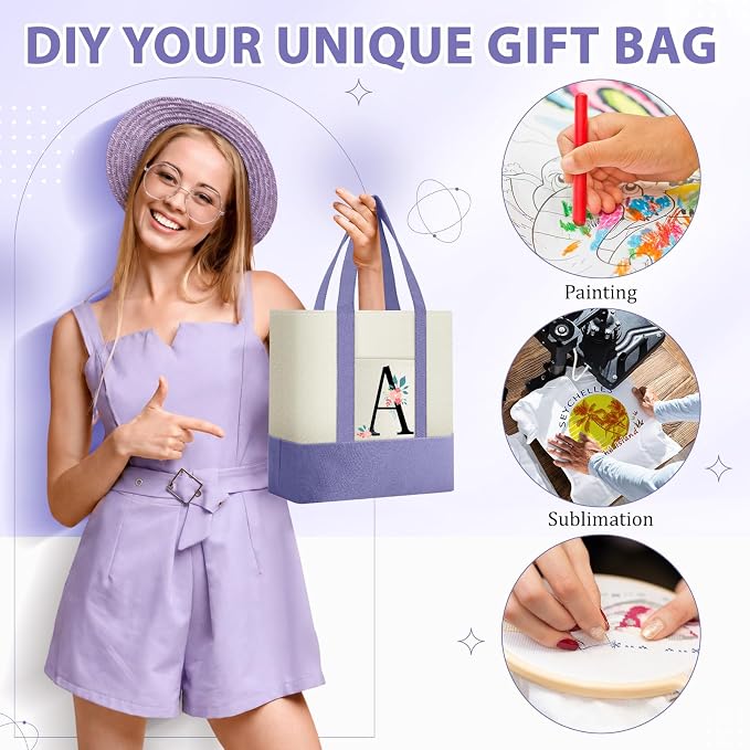 Sanwuta 12 Pcs Mini Canvas Tote Bags Bulk with Pocket Small Sublimation Blank Canvas Tote Reusable Grocery Bag for Women, DIY Craft (Light Purple) - Image 4