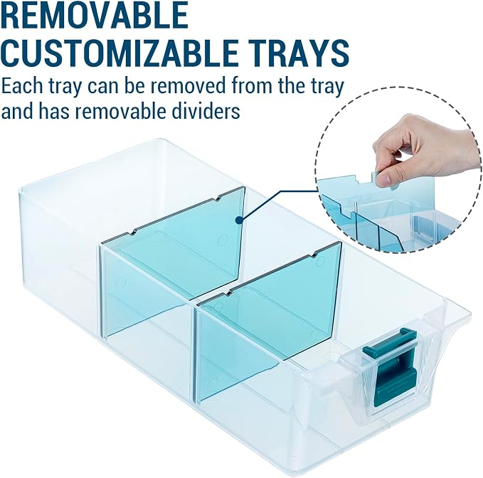 MyGift Single Stackable Tray, Add-on for 11 Inch Clear Arts & Crafts Storage Box with Blue Accents, 9 Compartment Sewing Supplies Organizer 3 Drawers and Removable Dividers - Image 3