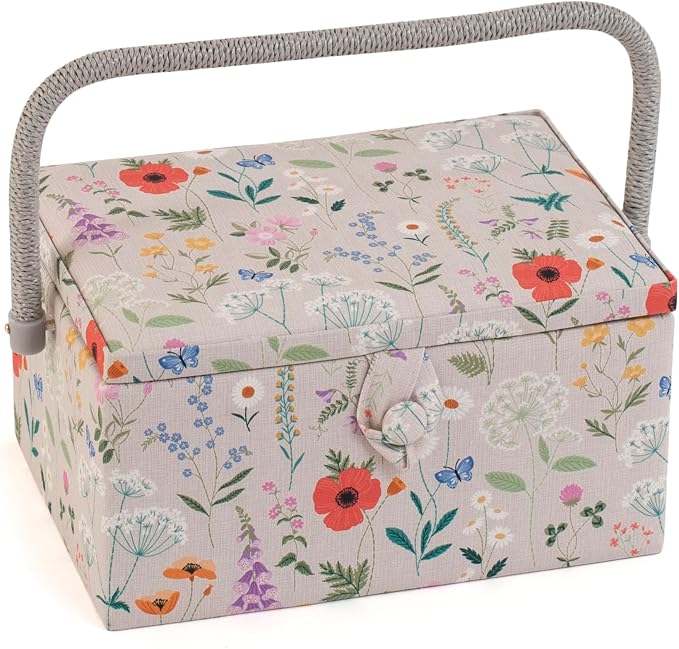 Hobby Gift Medium Sewing Box Organiser, Fabric Covered Storage Box with Handle, Internal Tray, Pin Cushion and Pocket for Sewing, Quilting and Knitting Supplies by HobbyGift