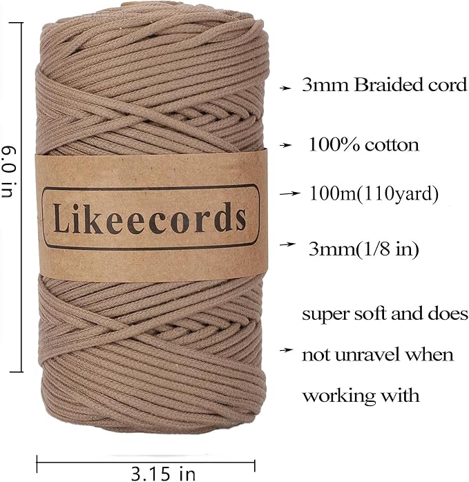 Likeecords 2 Skeins of Braided Macrame Cotton Cord 3mm x 100m,Macrame Rope, 100% Cotton Rope Macrame String,Colorful Cotton Craft Cord for Bag,Wall Hanging, Plant Hangers, Crafts, Knitting（Coffee） - Image 2