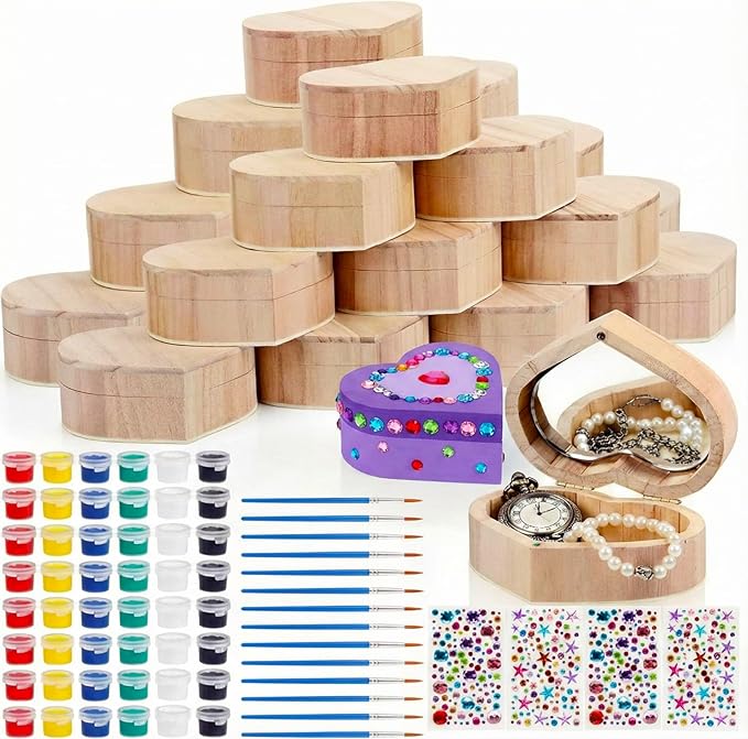 Kigley 24 Set Unfinished Wooden Box Heart Crafts Treasure Box with Mirror Rhinestones Stickers for DIY Jewelry Keepsake Storage Art Crafts Paint Summer Party Favor Suitable for 15+ Adult by Kigley