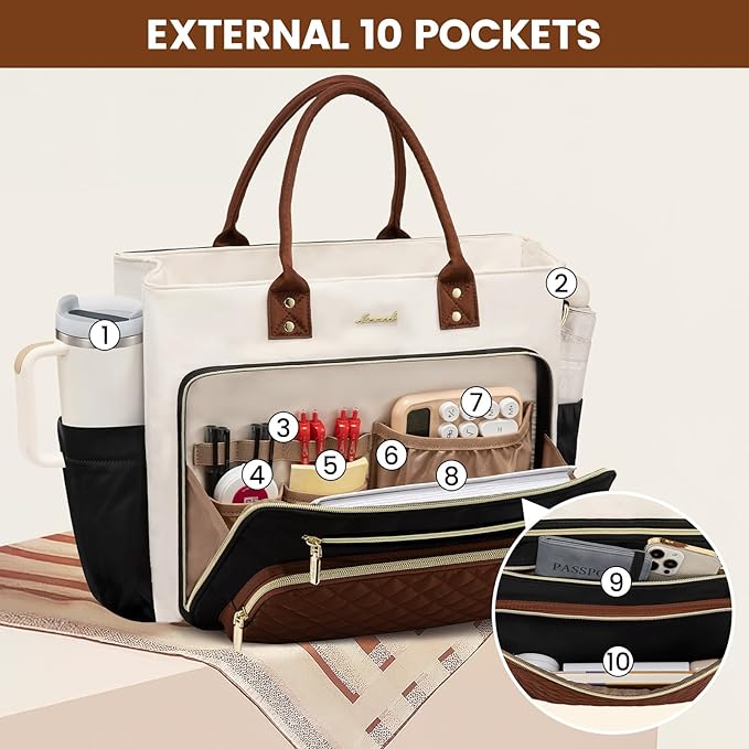 LOVEVOOK Teacher Tote Bag for Women Work, Laptop Bag With Large Cup Holder, Nurse Bags Professional Briefcase Business Computer Purses Bible Handbag Gifts, Black-Beige-Brown, 15.6 Inch - Image 3