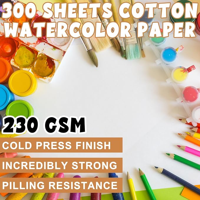 TaoBary 300 Pcs Watercolor Paper 8 X 12 Inch 230 GSM, Cold Press White | Bulk Packs Ideal for Beginner Class Practice, Acid-free Sketch Painting, Cold Press Texture Suits Adults Drawing Craft - Image 2