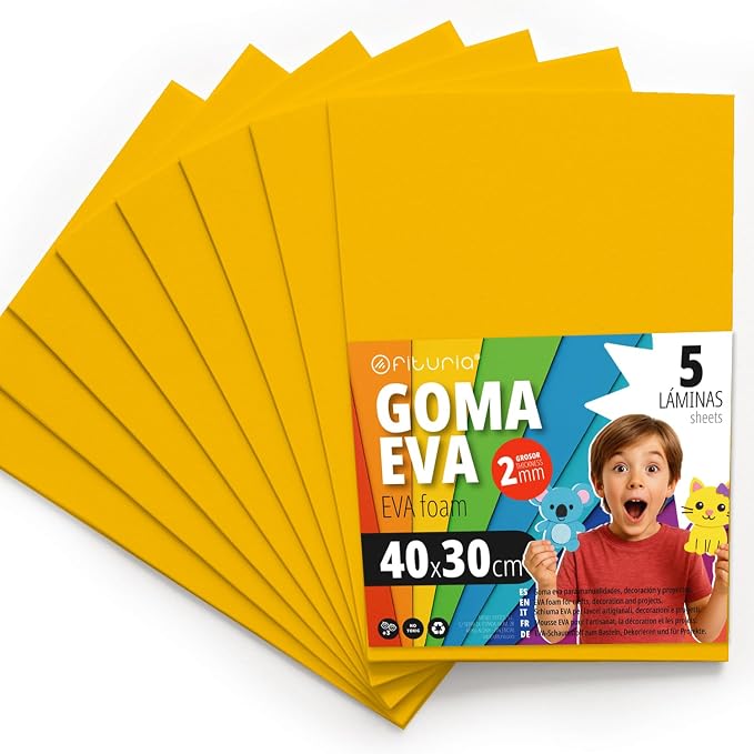 OFITURIA Foam Rubber for Crafts and School Projects, Coloured Foam Ideal for DIY, Decoration, Scrapbooking and Creative Projects, 40 x 30 cm (Yellow, Pack of 5) by OFITURIA